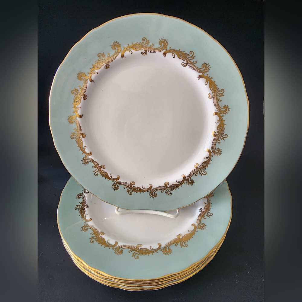 Vintage Aynsley Salad Plates Set of 6 Sage Green/Gold Gilt - Corset Floral